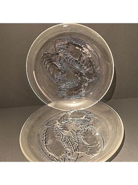 VINTAGE Pasari Set 2 Serving Dish Clear Embossed Shrimp Sea Food Frosted Glass